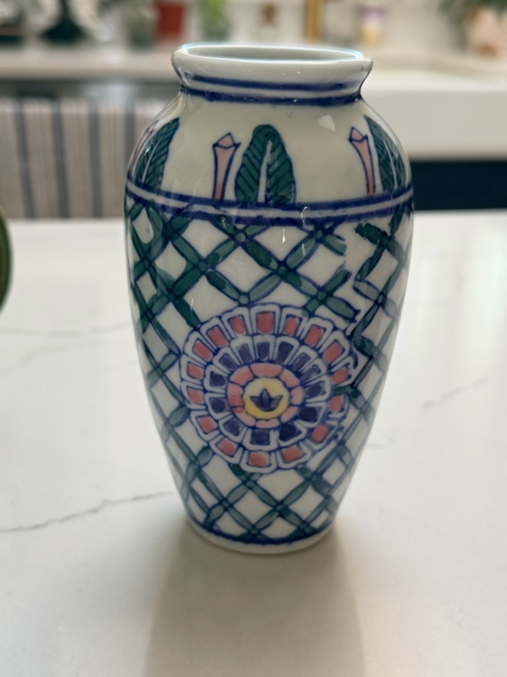 Hand-Painted Floral Ceramic Vase in White, Blue and Green